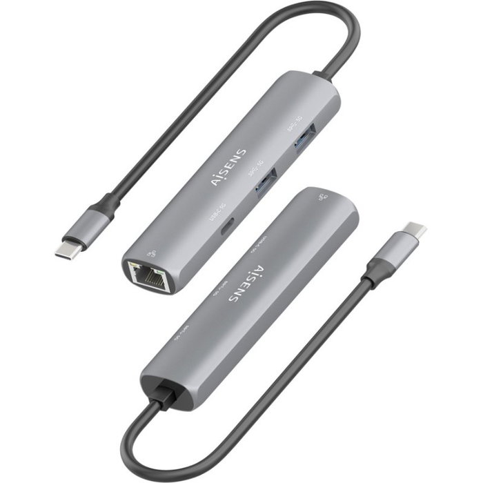 Aisens Dock USB-C a Ethernet Gigabit + Hub 1xUSB-C y 2xUSB-A, Gris